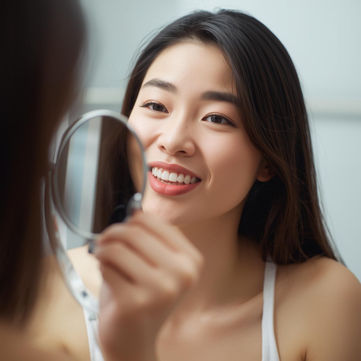 鏡で口元確認する若いアジア人女性