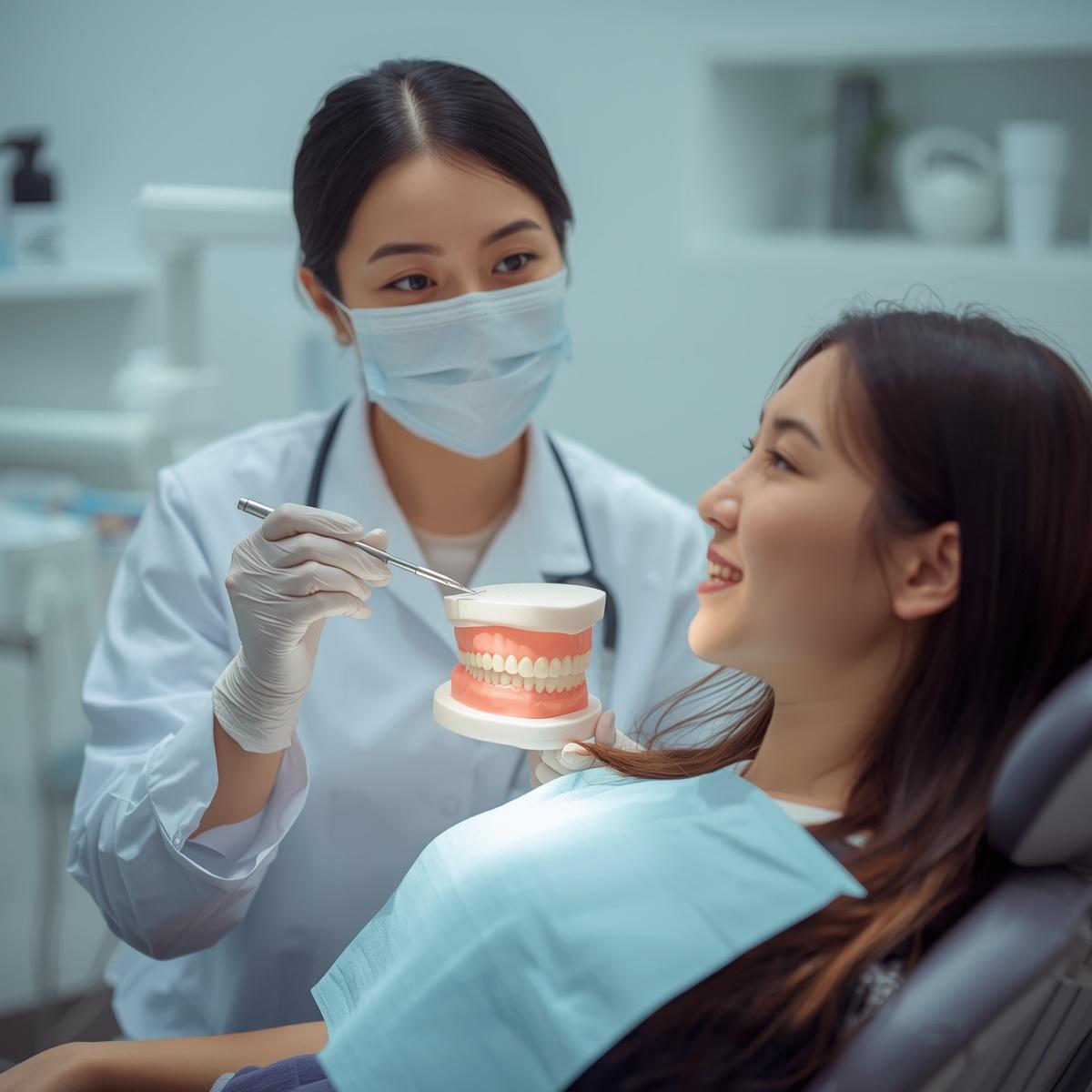 アジア人女性歯科医師がアジア人女性患者へ説明する様子２