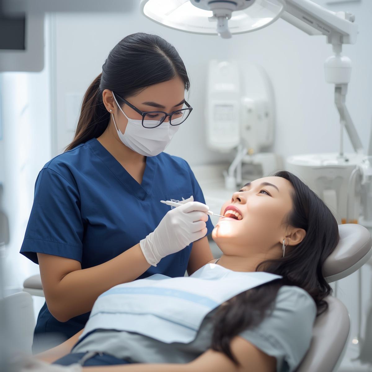 アジア人歯科衛生士とアジア人女性患者
