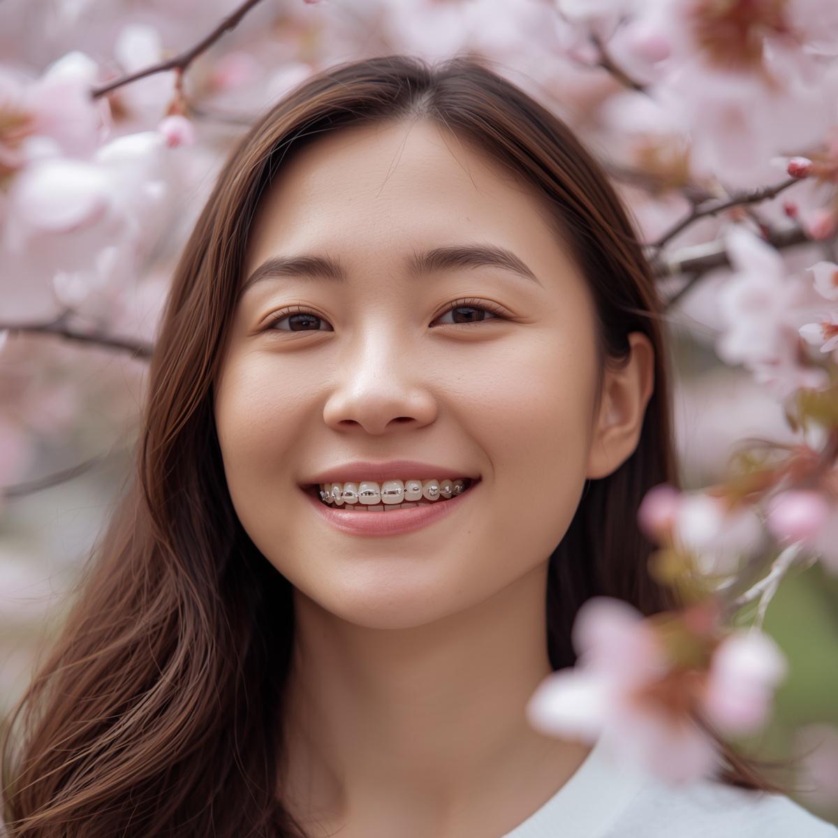 マウスピース矯正をしているアジア人女性。背景は桜