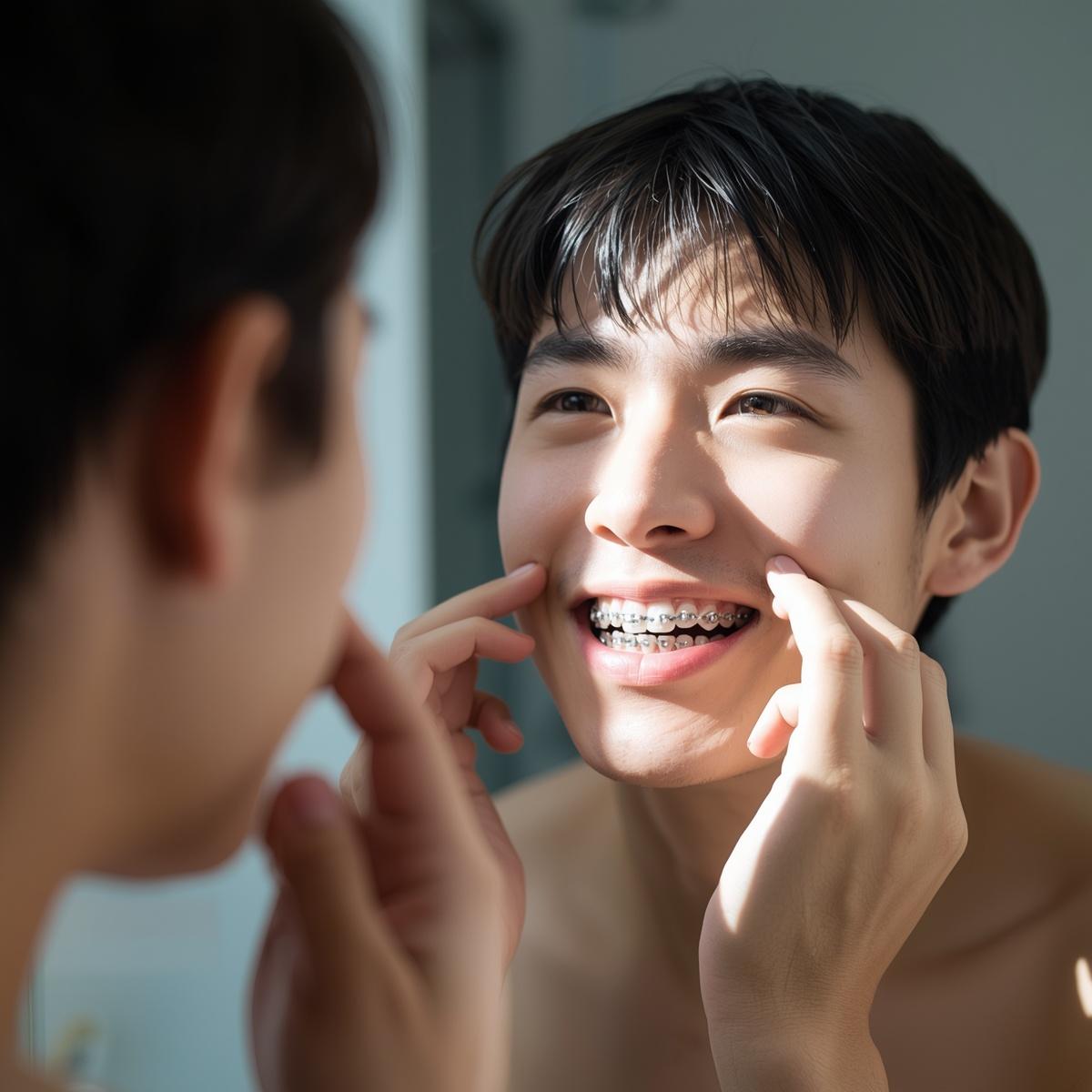 ワイヤー矯正しているアジア人男性が自身の口元を鏡でみている