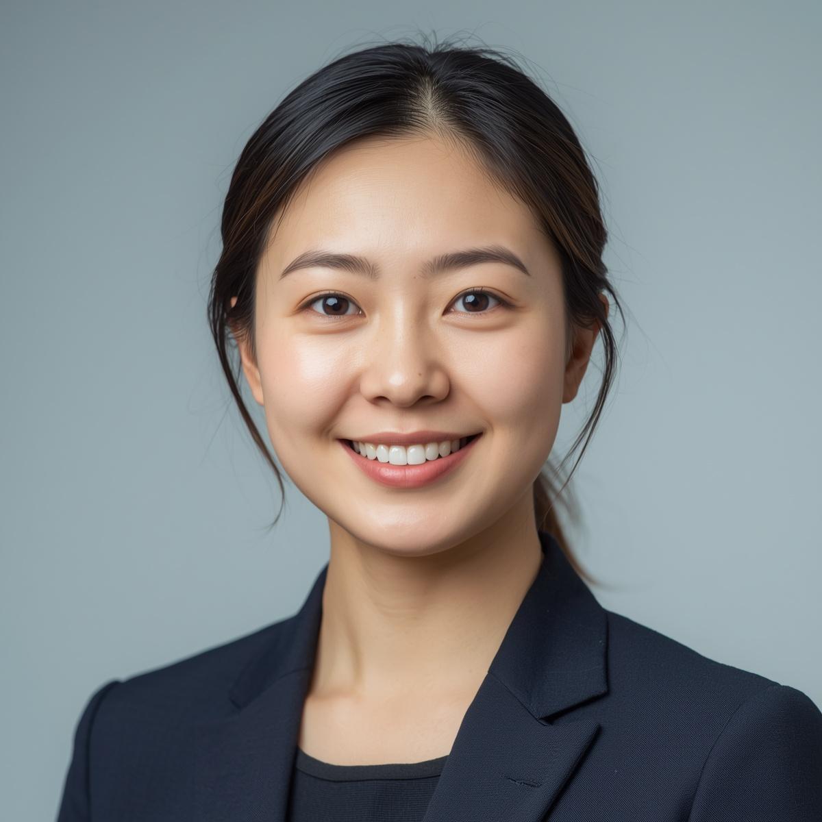 就職面接にのぞむとあるアジア人女子学生の上半身。歯を見せて静かに微笑んでいる。リクルートスーツをきっちりきこなしている