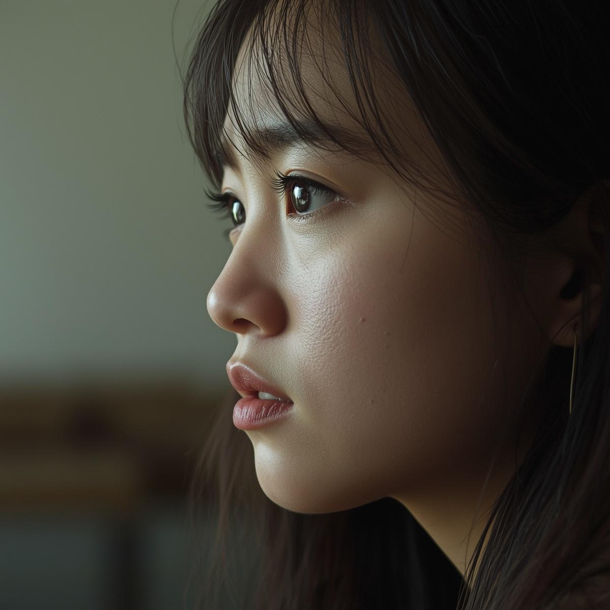 悩むアジア人女子学生の横顔