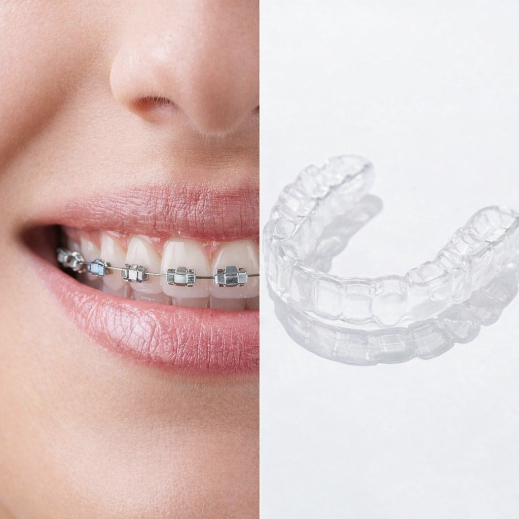 縦に画面分割してイメージ画像を配置。右がインビザライン、左がワイヤー矯正