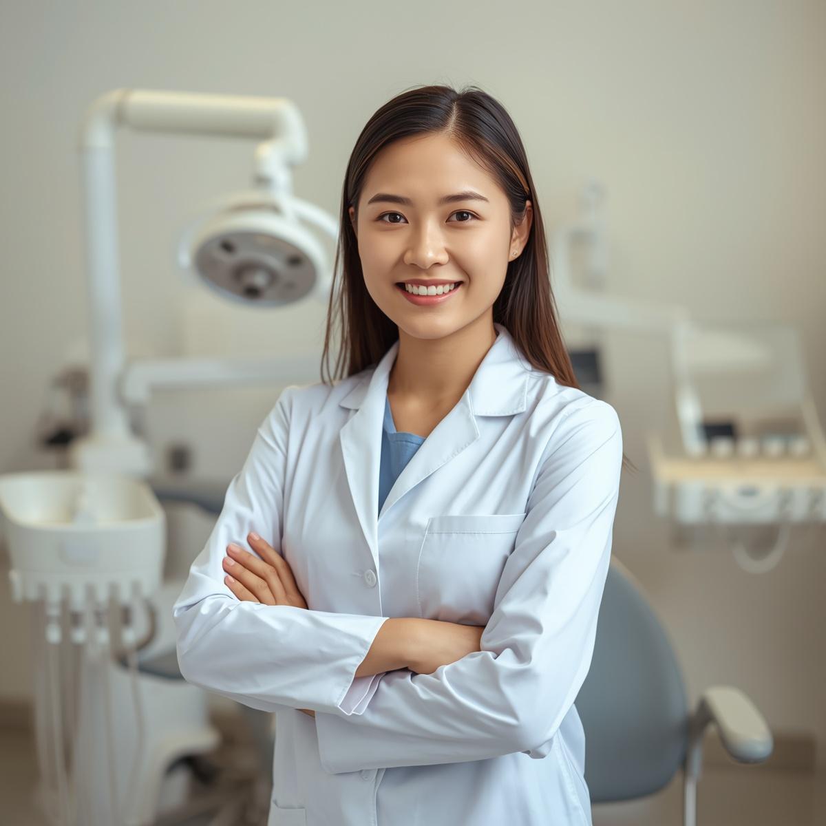 腕組みをしているアジア人女性歯科医３