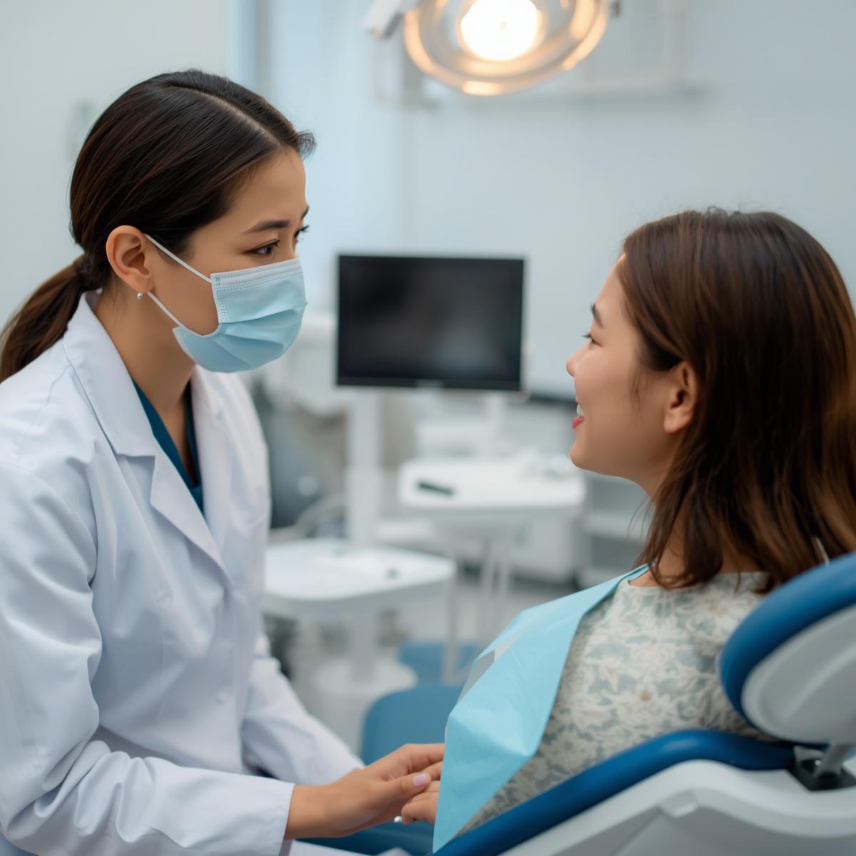 診察室で向き合うアジア人歯科医師とアジア人女性患者１