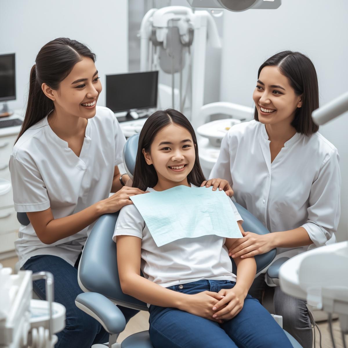 診察室で相談するアジア人女性学生患者とその親と女性歯科医師