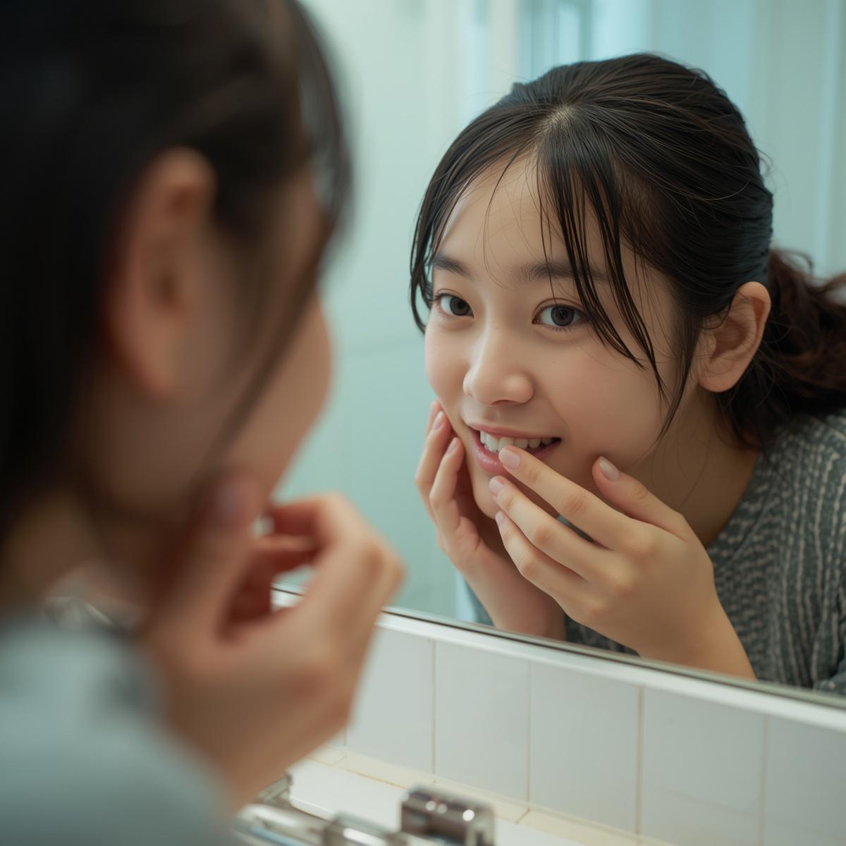 鏡で歯並びを確認するアジア人女子学生