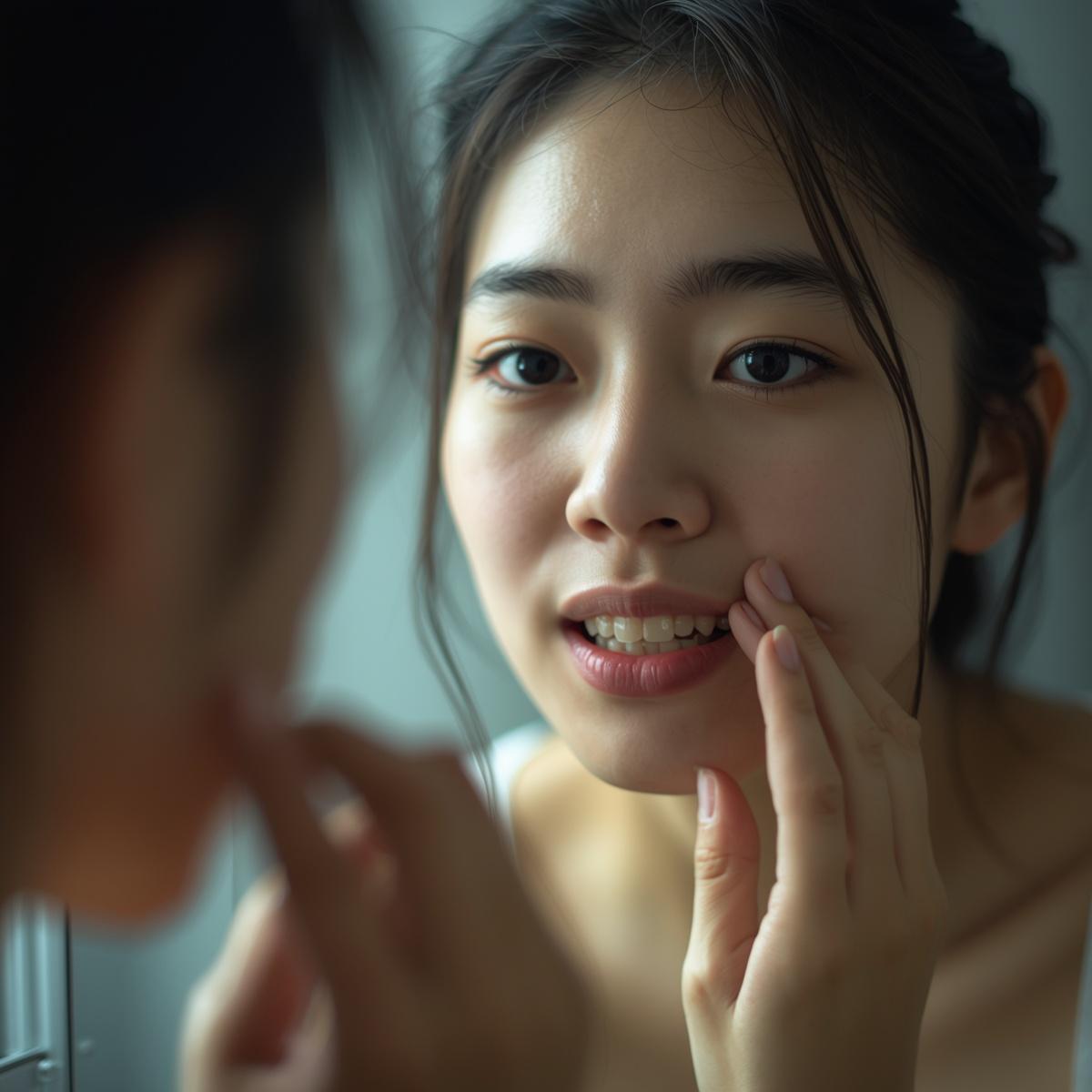 鏡で自分の歯並びを見て悩むのアジア人女性