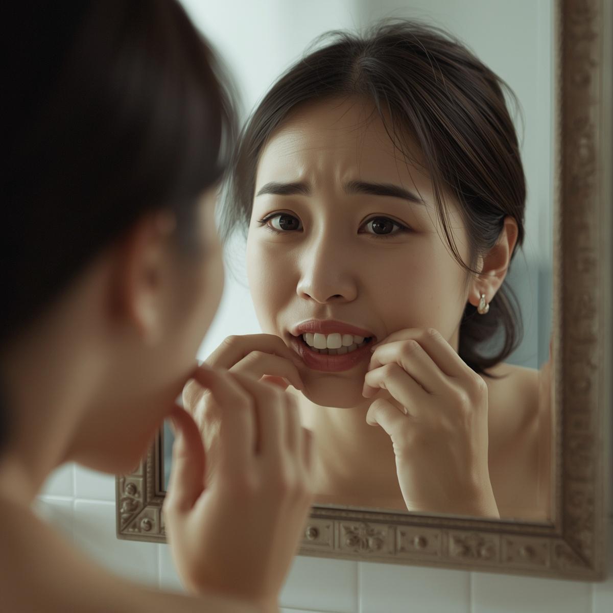鏡で自分の歯並びを見て悲しい表情のアジア人女性