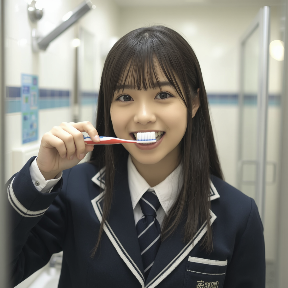 日本人女子高校生が歯磨きしている風景。制服を着た女子高校生が洗面所で歯ブラシを持って丁寧に歯を磨いている。明るく清潔な雰囲気。
