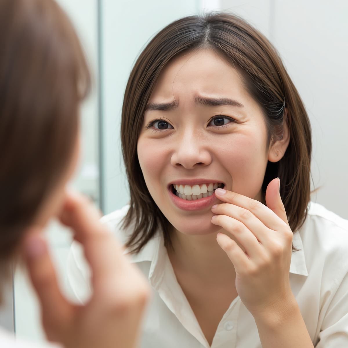 歯並びを気にする日本人女性。鏡を見ながら自分の歯を確認している様子。心配そうな表情で歯並びをチェックしている。自然な日常の場面２