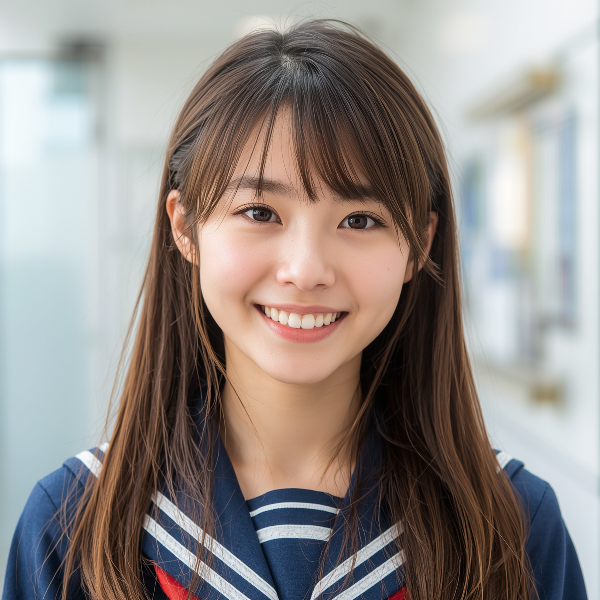笑顔の日本人高校生（15-18歳）。明るく爽やかな笑顔。高校の制服を着ている。自然な表情で幸せそうな雰囲気